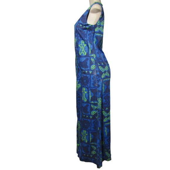 VTG 70s Hawaiian M L Tiki Polynesian Boho Retro Mod Luau Blue Maxi Hostess Dress - Picture 5 of 10